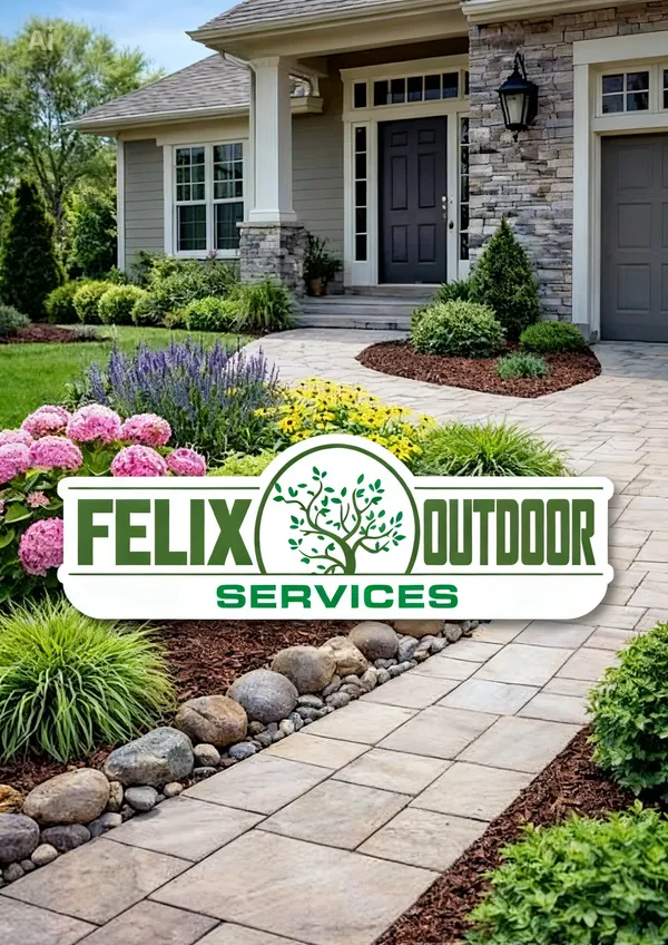 Felix Outdoor Services — beautifully landscaped front yard with paver walkway